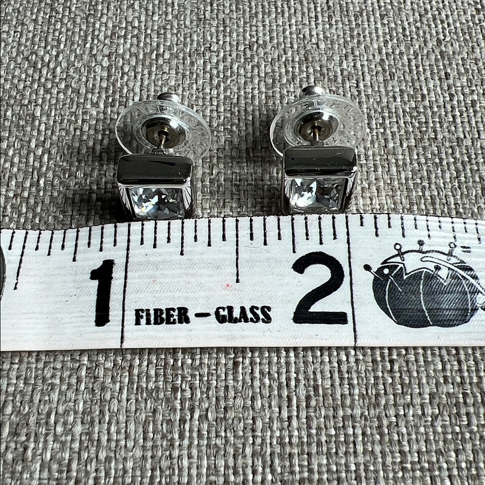 Swarovski | Vintage Crystal Emerald Cut Silver Tone Casing Pierced Earrings - Picture 9 of 9